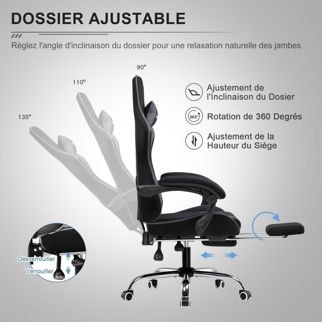 GTPLAYER Chaise Gaming Ergonomique, Fauteuil Gamer, Chaise Bureau, Dossier réglable à 135°, Hauteur Réglable, Repose-Pieds rétractables, Simili Cuir, Supporte 150 kg, Bleu