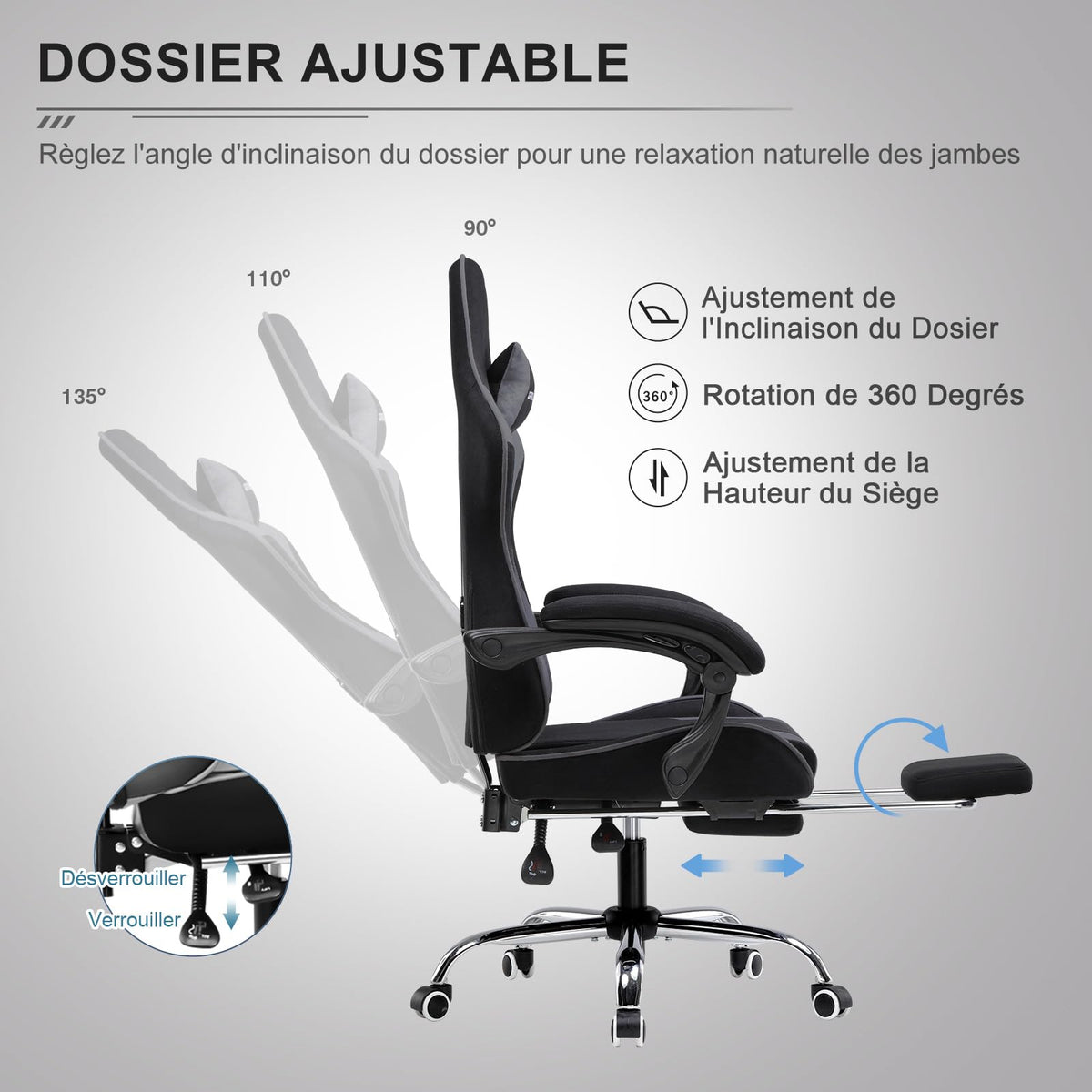 GTPLAYER Chaise Gaming Ergonomique, Fauteuil Gamer, Chaise Bureau, Dossier réglable à 135°, Hauteur Réglable, Repose-Pieds rétractables, Simili Cuir, Supporte 150 kg, Bleu