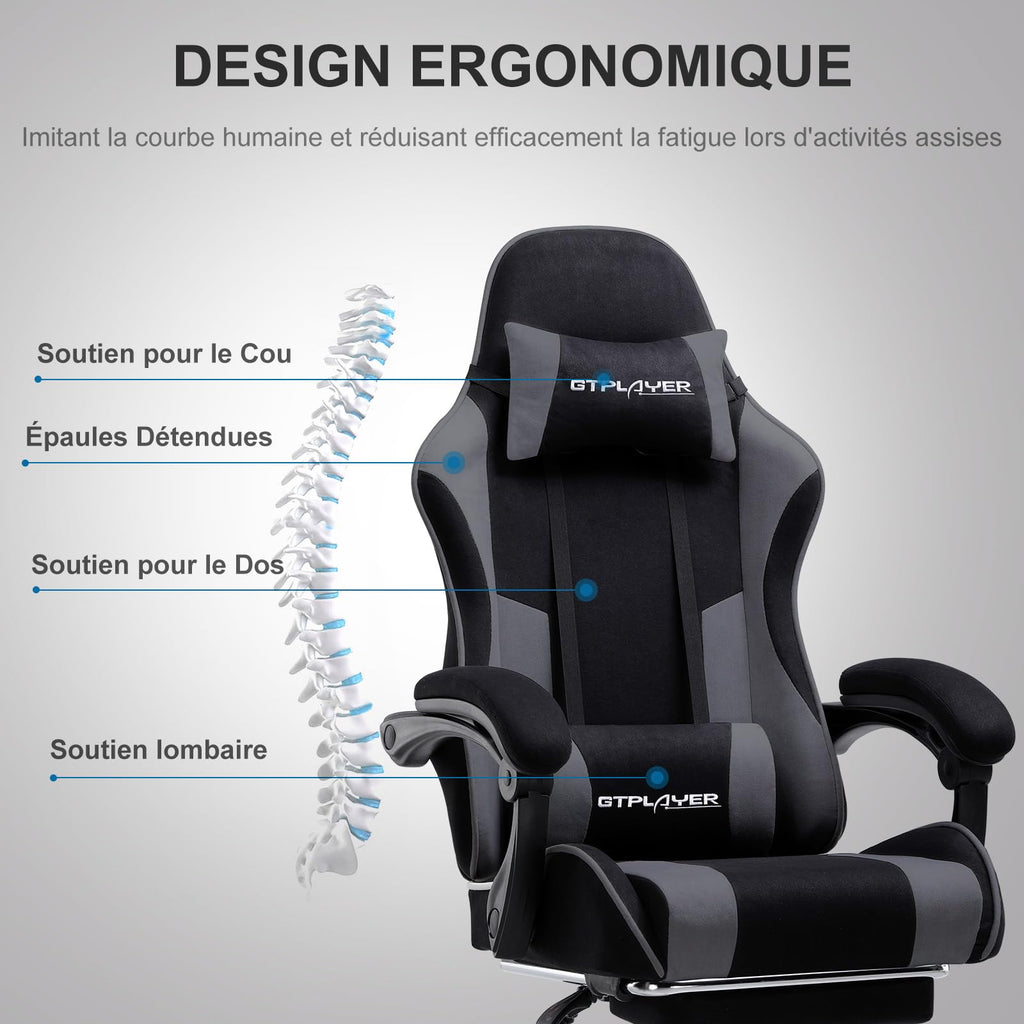 GTPLAYER Chaise Gaming Ergonomique, Fauteuil Gamer, Chaise Bureau, Dossier réglable à 135°, Hauteur Réglable, Repose-Pieds rétractables, Simili Cuir, Supporte 150 kg, Bleu