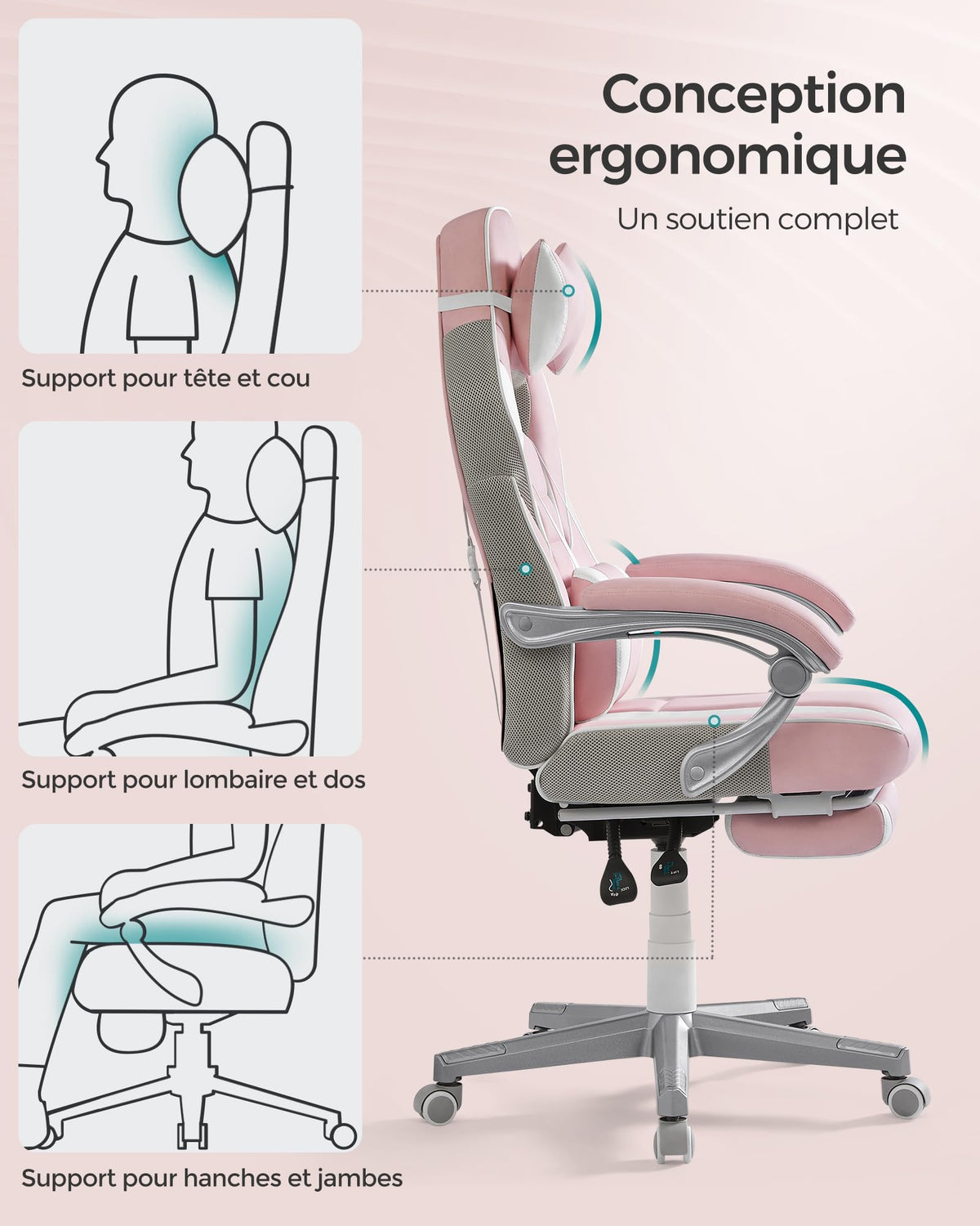 SONGMICS Fauteuil de Bureau Gaming OBG073B03 – Ergonomique, Repose-pieds, Appui-tête, 150 kg