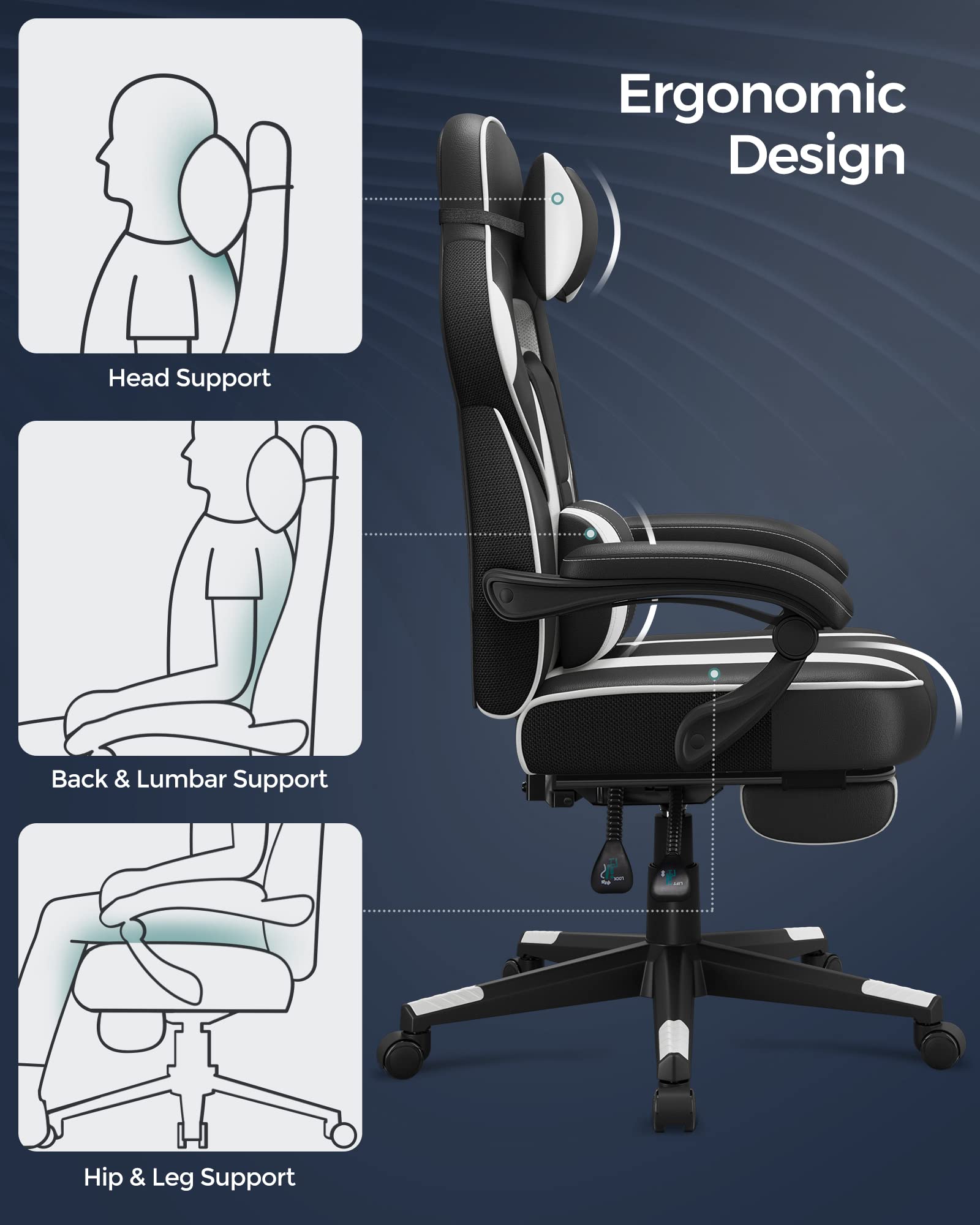 SONGMICS Fauteuil de Bureau Gaming OBG073B03 – Ergonomique, Repose-pieds, Appui-tête, 150 kg