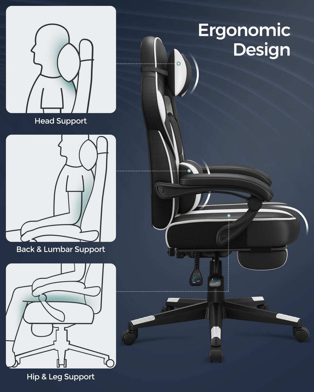SONGMICS Fauteuil de Bureau Gaming OBG073B03 – Ergonomique, Repose-pieds, Appui-tête, 150 kg