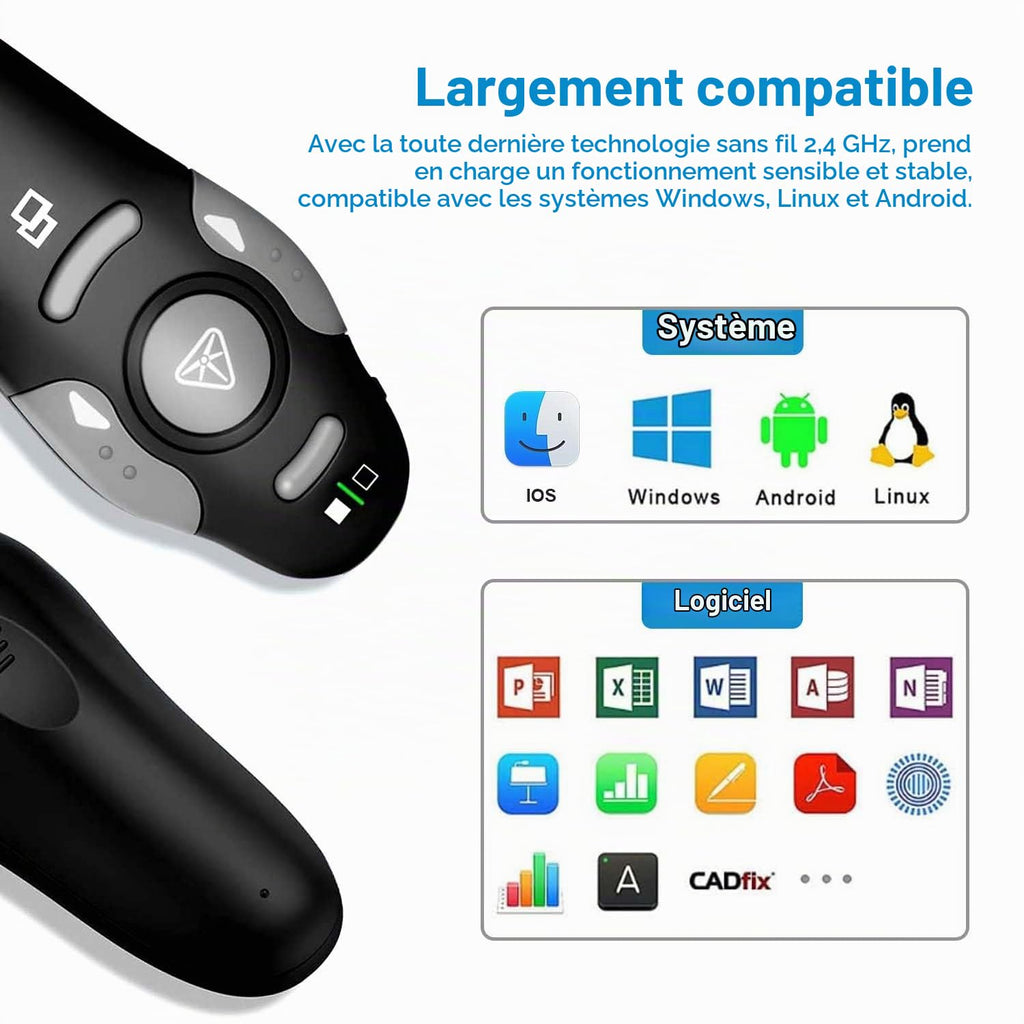 Présentateur Sans Fil 2,4 GHz – Pointeur Laser, 5 Boutons, 100 m, Plug & Play – PowerPoint, Google Slides, Keynote, PC & Mac