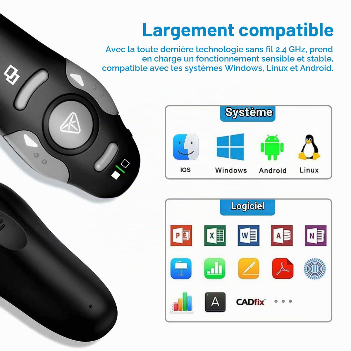Présentateur Sans Fil 2,4 GHz – Pointeur Laser, 5 Boutons, 100 m, Plug & Play – PowerPoint, Google Slides, Keynote, PC & Mac