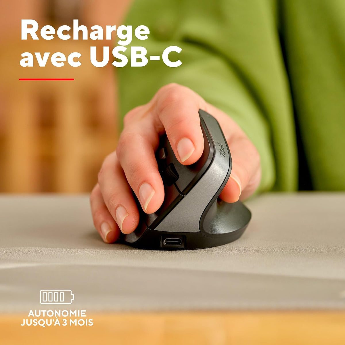 Trust Yuno Souris Ergonomique Verticale sans Fil Rechargeable – Angle 57°, 3 Mois Autonomie, Plastique Recyclé, PC & Mac