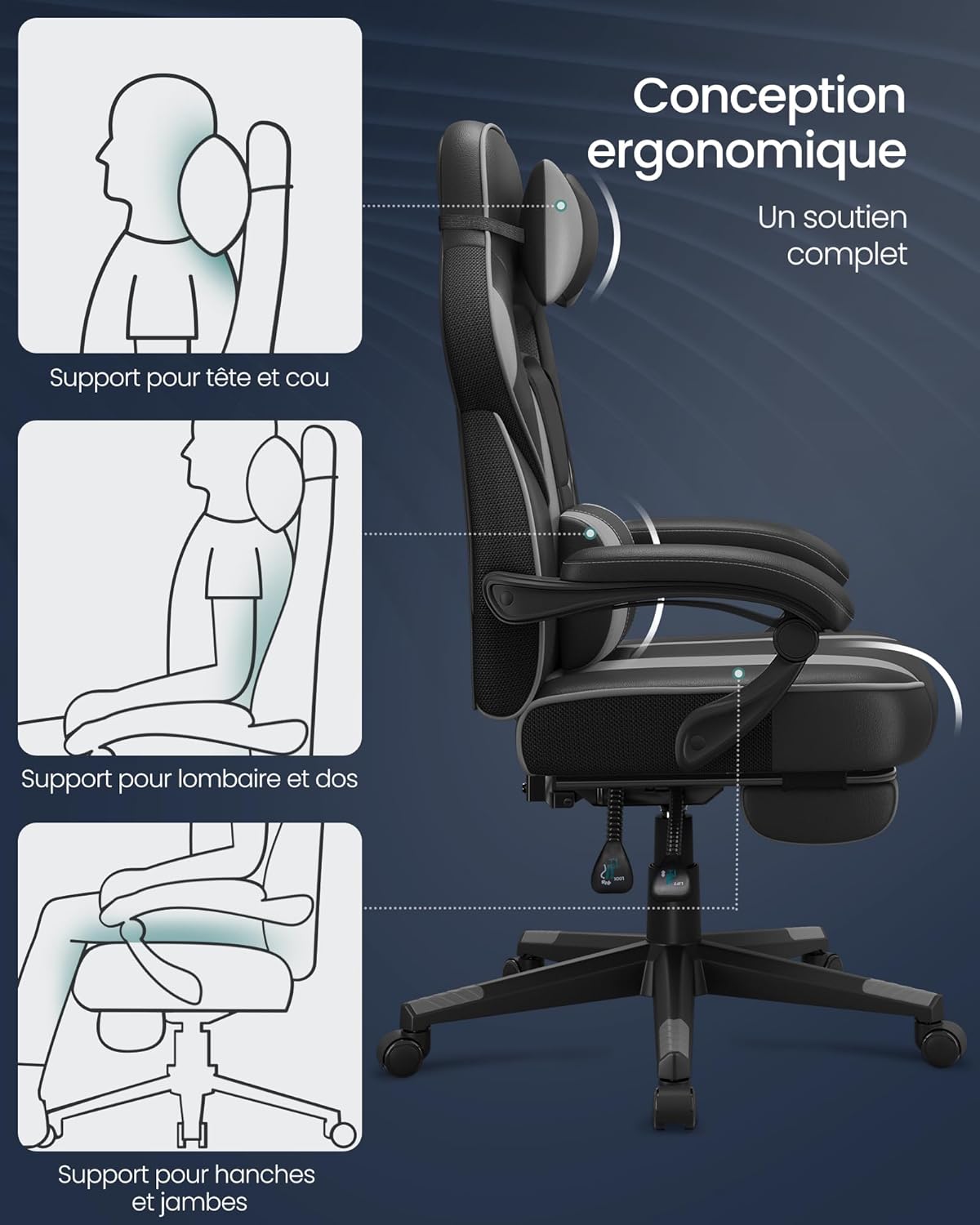 SONGMICS Fauteuil de Bureau Gaming OBG073B03 – Ergonomique, Repose-pieds, Appui-tête, 150 kg