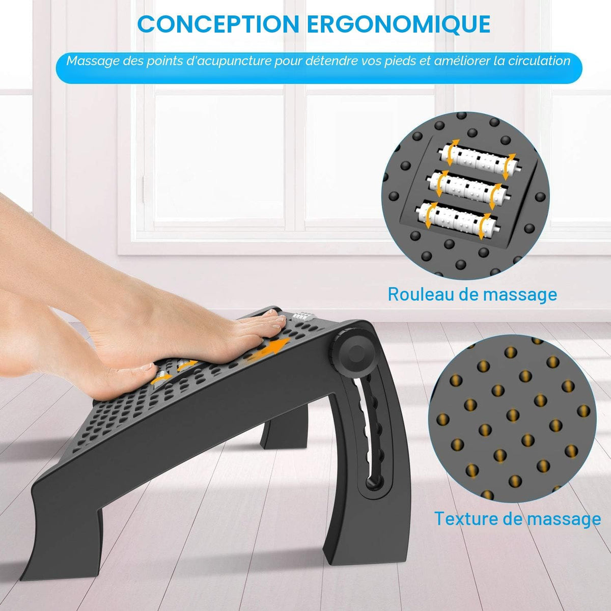 Repose-pieds Bureau Ergonomique – Massage Acupression, 6 Hauteurs Réglables, Antidérapant – Soulage Dos & Fatigue