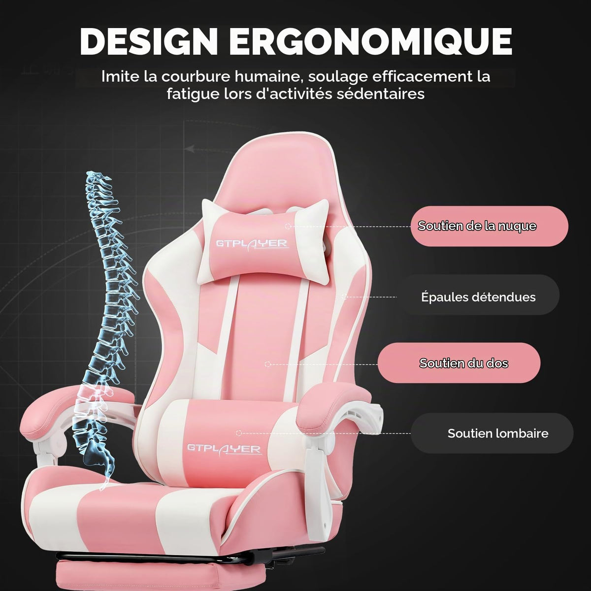 GTPLAYER Chaise Gaming Ergonomique, Fauteuil Gamer, Chaise Bureau, Dossier réglable à 135°, Hauteur Réglable, Repose-Pieds rétractables, Simili Cuir, Supporte 150 kg, Bleu