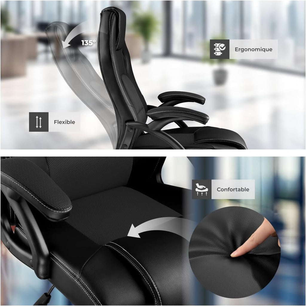 TecTake® Chaise de Bureau Fauteuil de Bureau Fauteuil pivotant Design Chaise Gaming, Siege Ergonomique, Fauteuil avec Accoudoirs, Rembourrage épais, Roulette, Hauteur réglable Teletravail