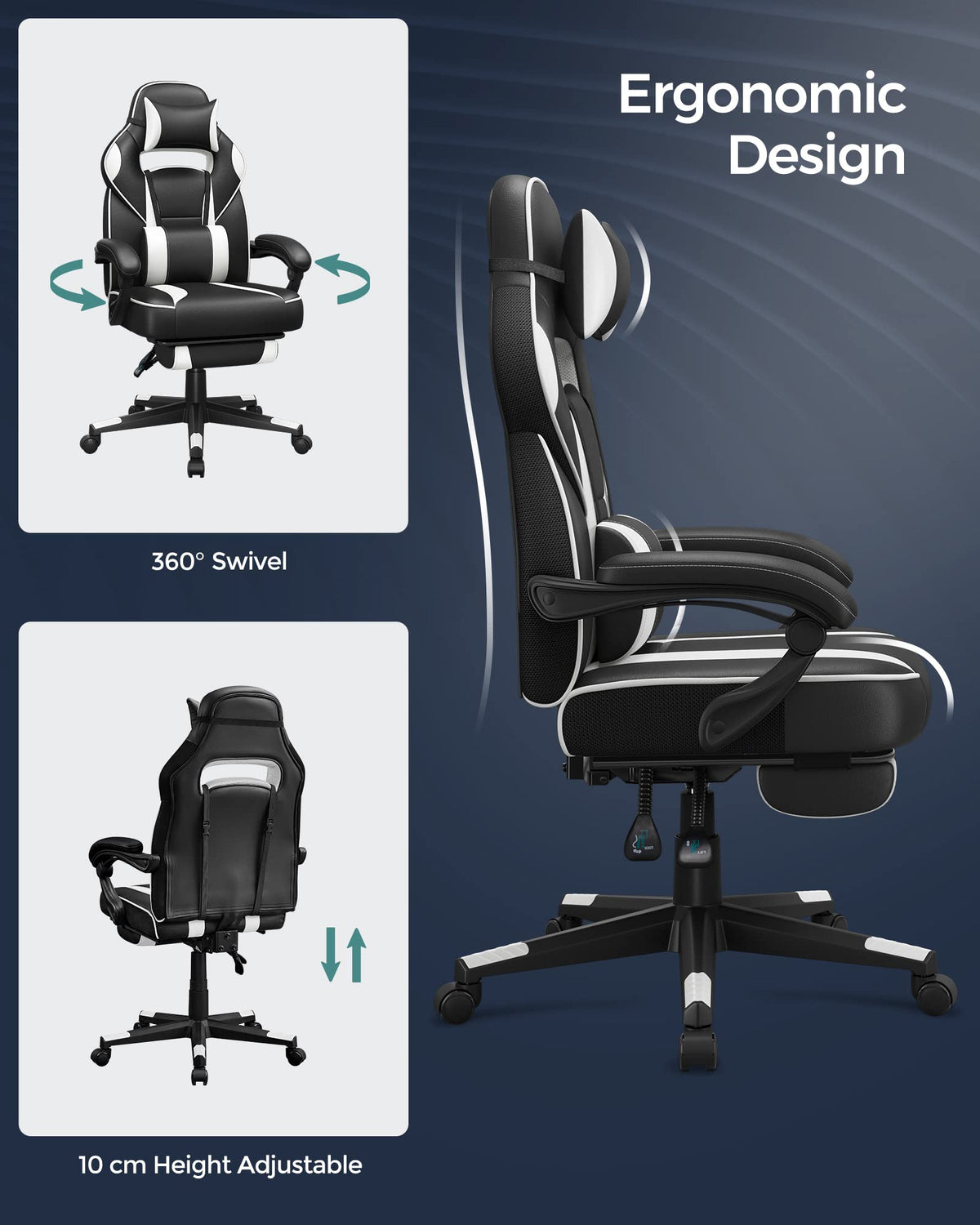 SONGMICS Fauteuil de Bureau Gaming OBG073B03 – Ergonomique, Repose-pieds, Appui-tête, 150 kg