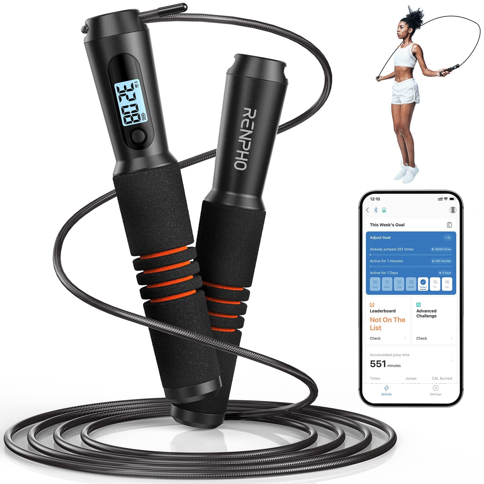 RENPHO Corde à Sauter Intelligente avec Compteur, Corde à Sauter sans Fil Réglable, App Données d'Analyse, Corde a Sauter Fitness Homme Femmes Enfants, Crossfit Équipement d'Entraînement