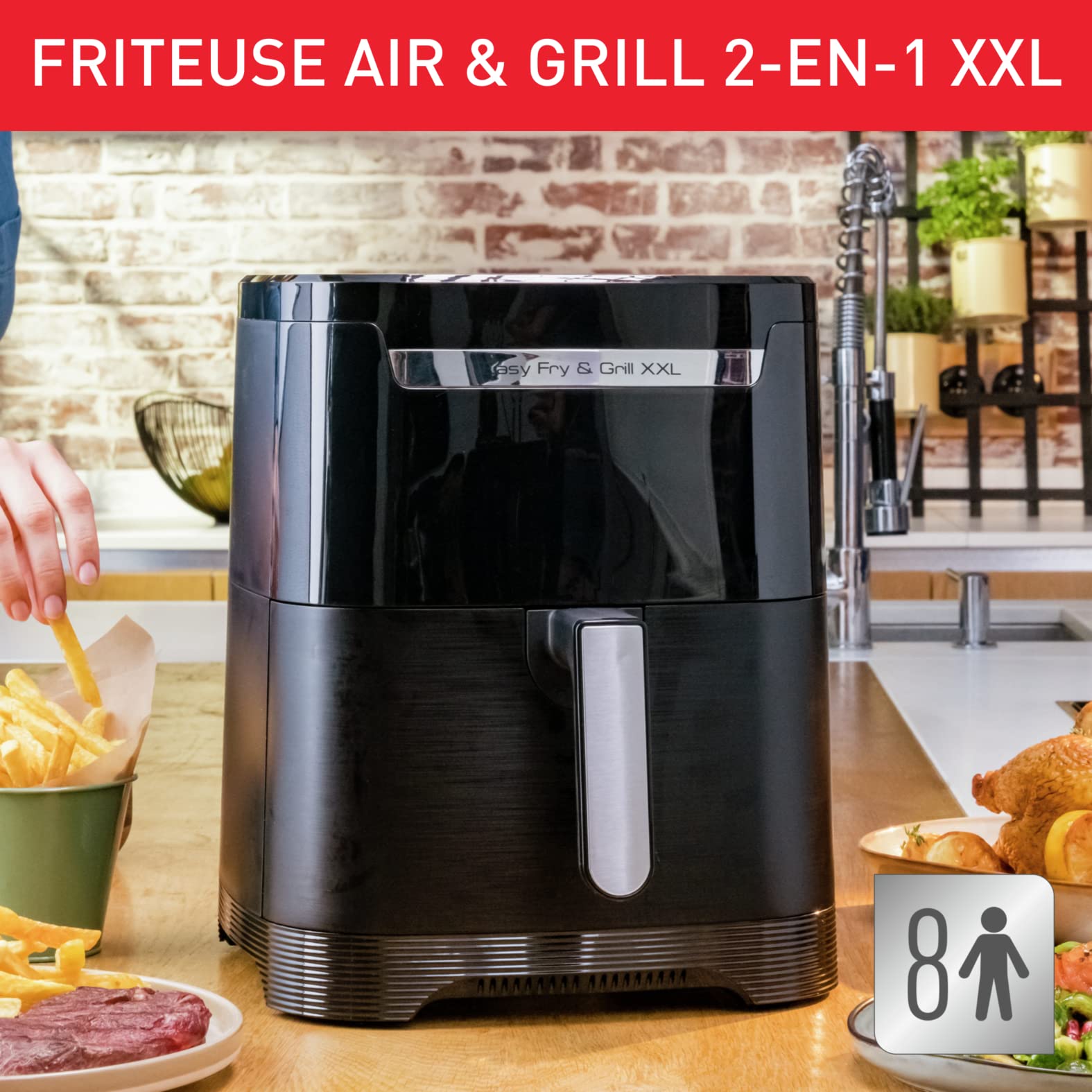 Moulinex Friteuse sans huile + Gril, Capacité XL 4,6L, Jusqu'à 6 personnes, 8 Programmes automatiques, Air Fryer, Ecran tactile digital, Température réglable, Easy Fry & Grill 2en1, EZ505810