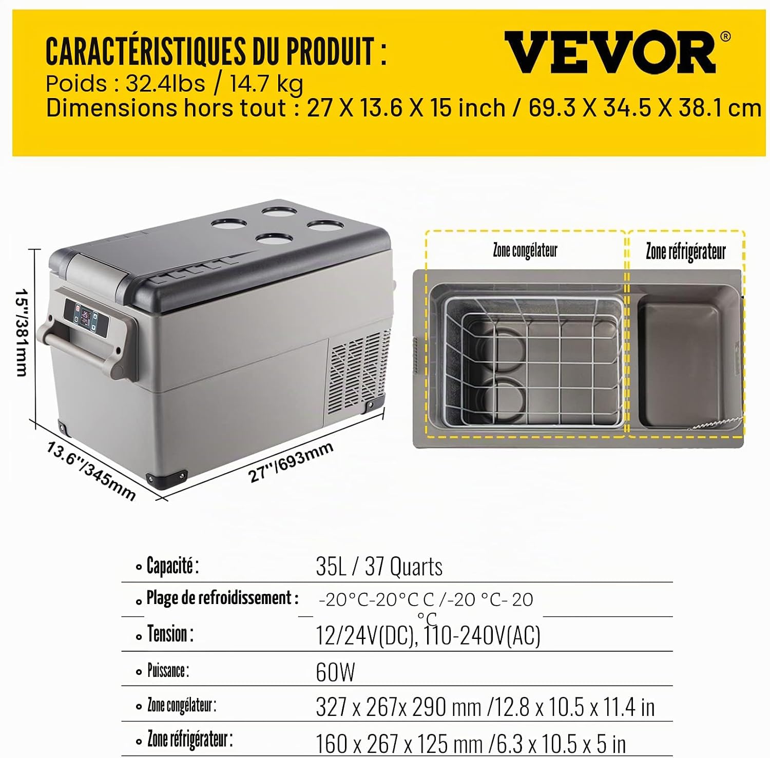 VEVOR Glacière Électrique Voiture, 45 L, Réfrigérateur Portable à Compression, 60 W, Mini Frigo, 69,3x34,5x45,6 cm, Glacière Électrique, Mini Congélateur Compresseur pour Maison/Voiture/Camping