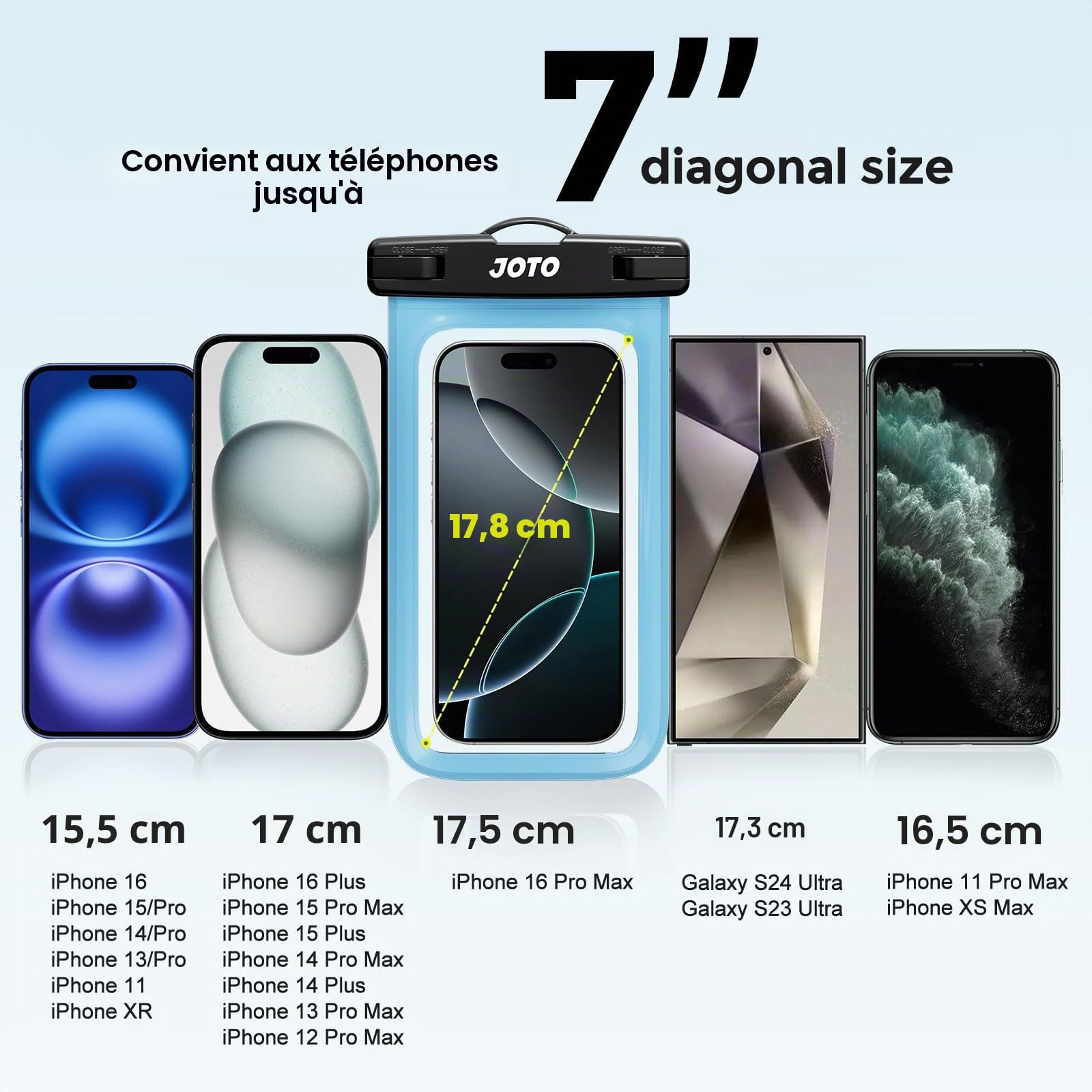 JOTO Pochette Étanche Smartphone IPX8 – Lot de 2, Compatible iPhone 17 à 11, Samsung Galaxy, Redmi, jusqu'à 7 Pouces