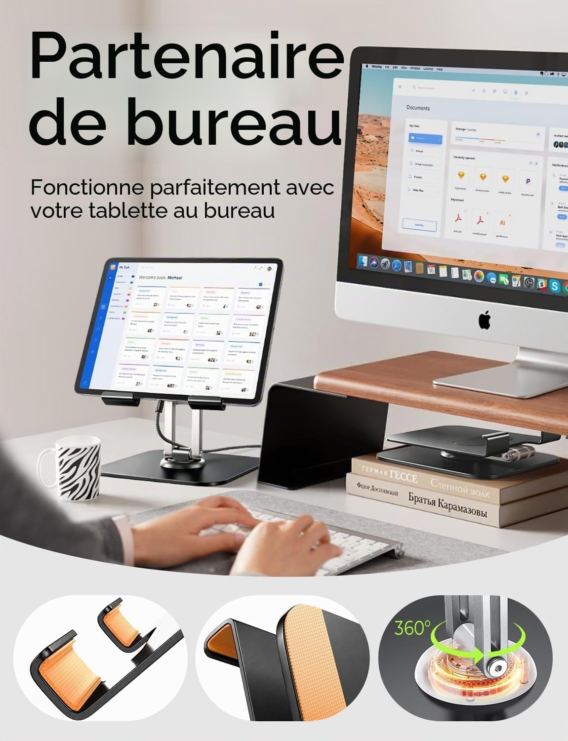 LISEN Support Tablette Bureau – Aluminium Réglable, Pliable, Compatible iPad Pro, Kindle, Samsung Tab 4,7"-13"