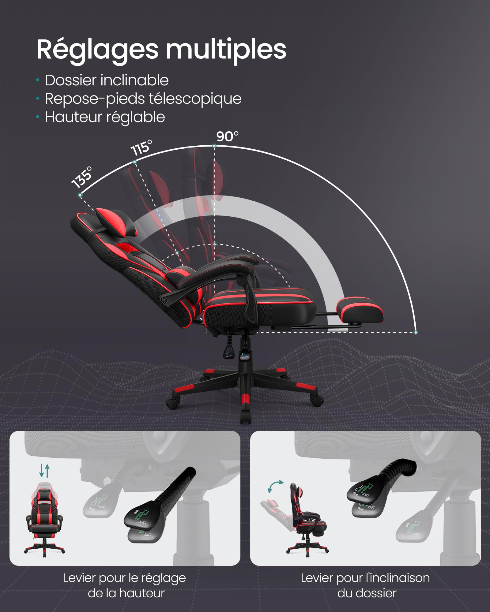 SONGMICS Fauteuil de Bureau Gaming OBG073B03 – Ergonomique, Repose-pieds, Appui-tête, 150 kg