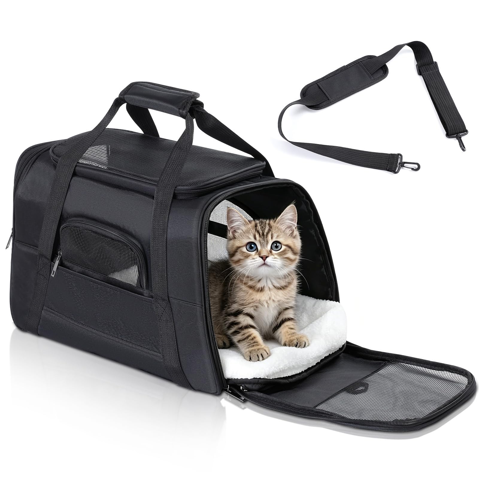 Romon Sac Transport Chat, Caisse de Transport Chien Respirant et Pliable jusqu'à 6 kg, Transporteurs avec Matelas en Peluche, Boîte de Transport avec Bandoulière Réglable, 17.3x11x9.8 inch, Noir