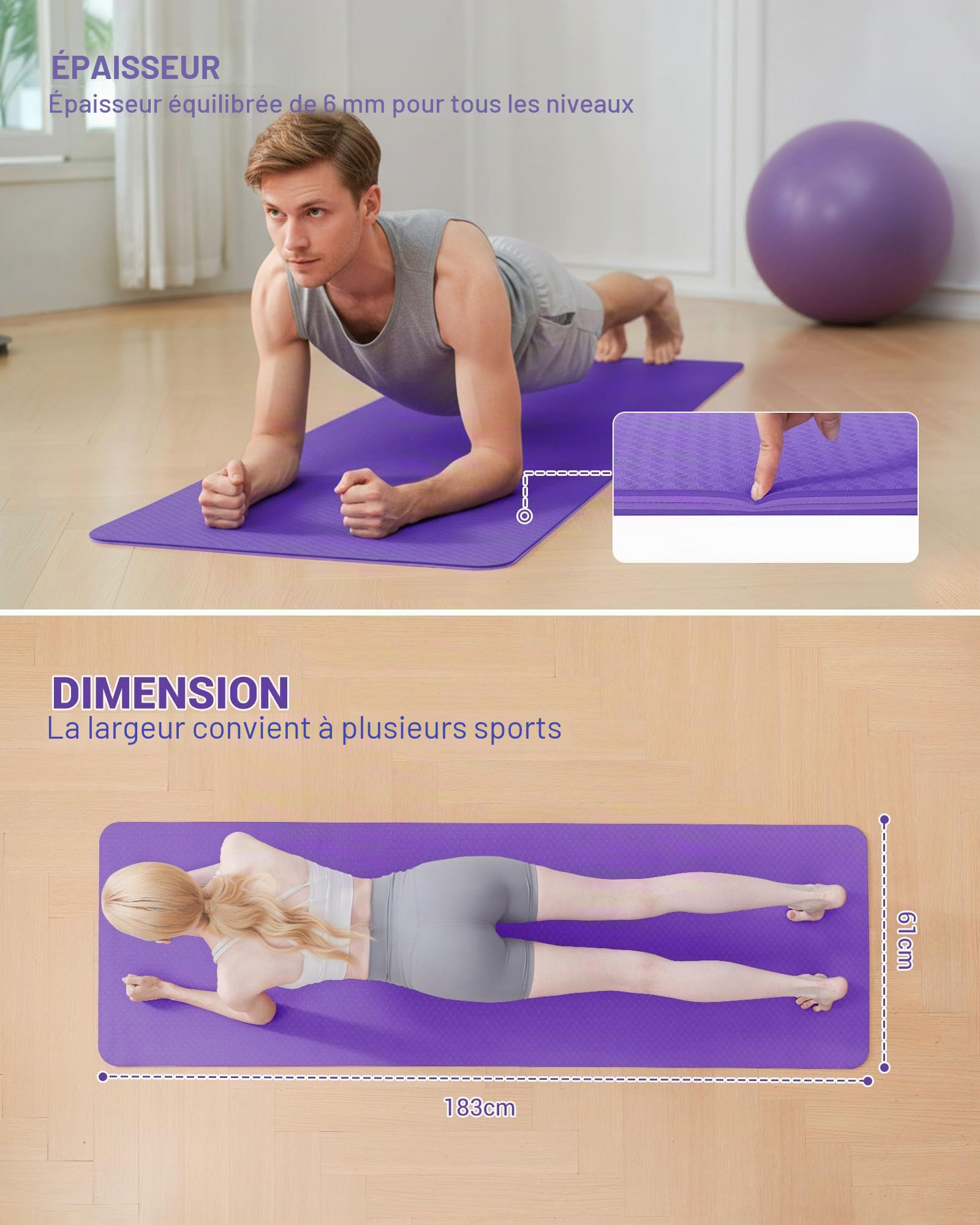 Good Nite Tapis de Yoga de Gymnastique de Exercice Fitness Tapis Fitness Antidérapant de Sport de Pilates avec Sangle de Transport 183 x 61 x 0,6 cm