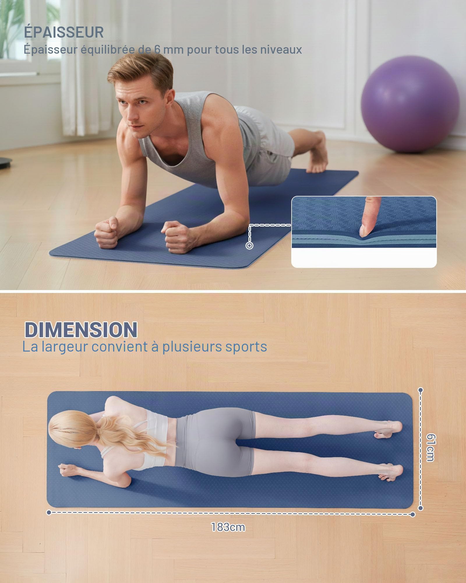 Good Nite Tapis de Yoga de Gymnastique de Exercice Fitness Tapis Fitness Antidérapant de Sport de Pilates avec Sangle de Transport 183 x 61 x 0,6 cm