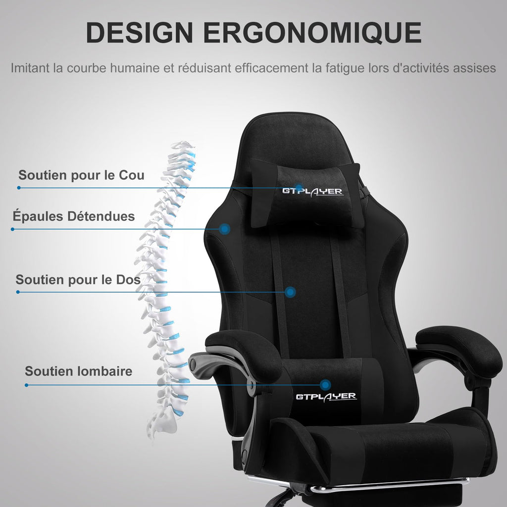 GTPLAYER Chaise Gaming Ergonomique, Fauteuil Gamer, Chaise Bureau, Dossier réglable à 135°, Hauteur Réglable, Repose-Pieds rétractables, Simili Cuir, Supporte 150 kg, Bleu