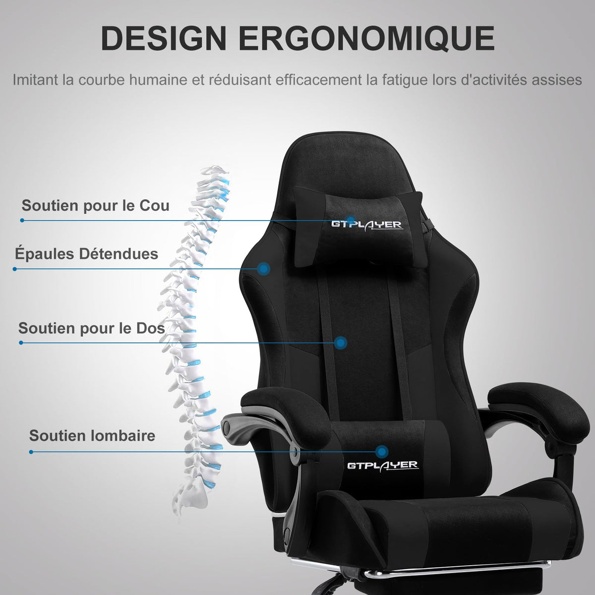 GTPLAYER Chaise Gaming Ergonomique, Fauteuil Gamer, Chaise Bureau, Dossier réglable à 135°, Hauteur Réglable, Repose-Pieds rétractables, Simili Cuir, Supporte 150 kg, Bleu