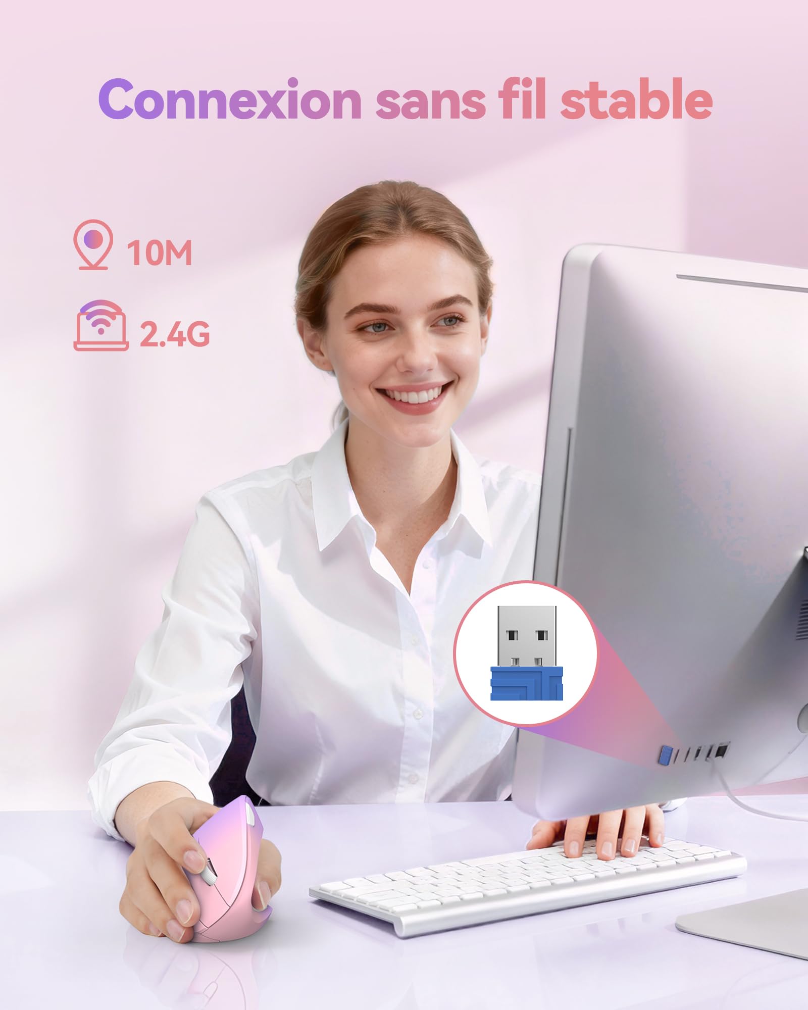 TECKNET Souris Verticale, 4800 DPI Souris sans Fil Ergonomique, Protège Le Bras, Souris sans Fil 6 Boutons pour PC, Ordinateur Portable, Mac, Rose