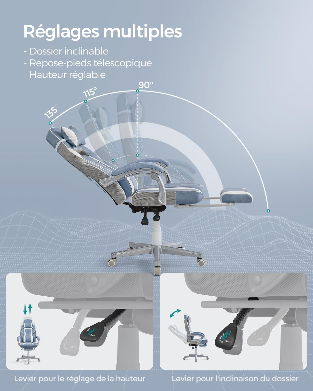 SONGMICS Fauteuil de Bureau Gaming OBG073B03 – Ergonomique, Repose-pieds, Appui-tête, 150 kg