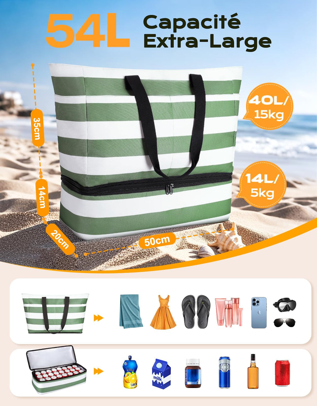 CIRYCASE Sac de Plage XXL 54L avec Isotherme Détachable – Étanche, Compartiment Sec-Humide, Pliable, Femme/Famille