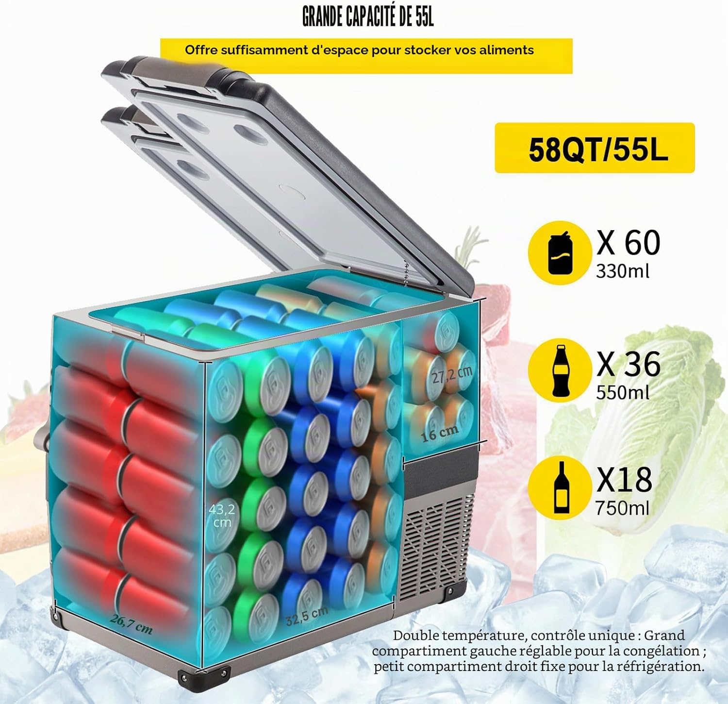 VEVOR Glacière Électrique Voiture, 45 L, Réfrigérateur Portable à Compression, 60 W, Mini Frigo, 69,3x34,5x45,6 cm, Glacière Électrique, Mini Congélateur Compresseur pour Maison/Voiture/Camping