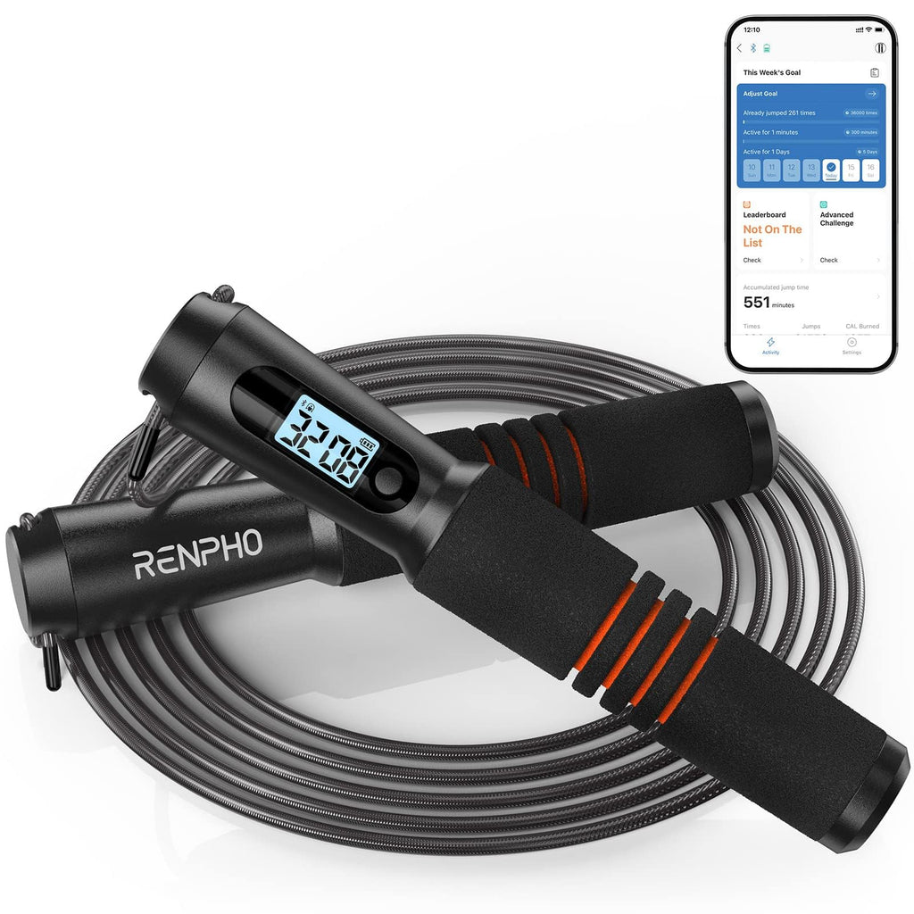 RENPHO Corde à Sauter Intelligente avec Compteur, Corde à Sauter sans Fil Réglable, App Données d'Analyse, Corde a Sauter Fitness Homme Femmes Enfants, Crossfit Équipement d'Entraînement