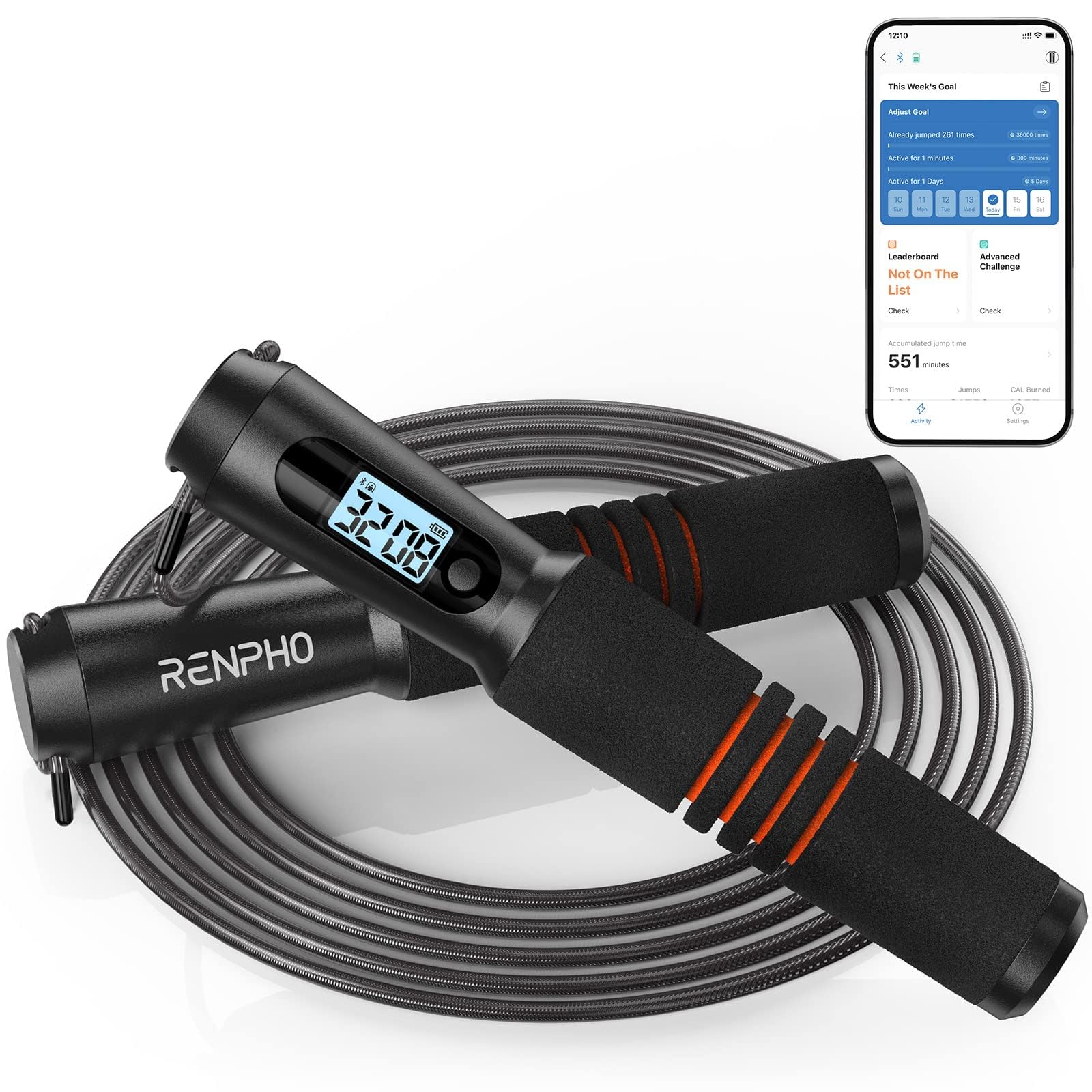 RENPHO Corde à Sauter Intelligente avec Compteur, Corde à Sauter sans Fil Réglable, App Données d'Analyse, Corde a Sauter Fitness Homme Femmes Enfants, Crossfit Équipement d'Entraînement
