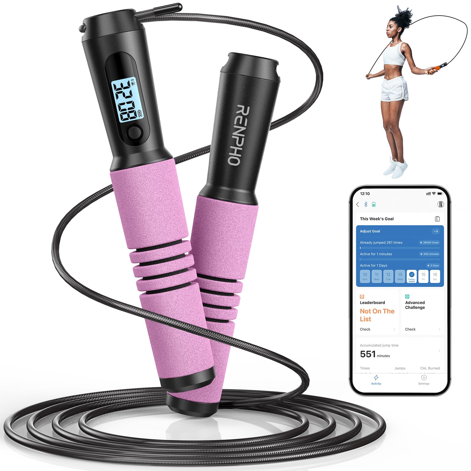 RENPHO Corde à Sauter Intelligente avec Compteur, Corde à Sauter sans Fil Réglable, App Données d'Analyse, Corde a Sauter Fitness Homme Femmes Enfants, Crossfit Équipement d'Entraînement