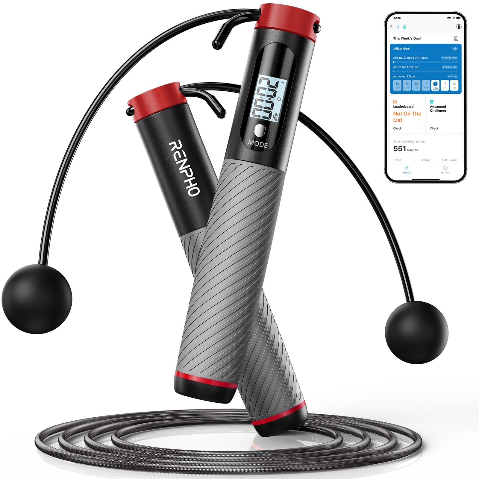 RENPHO Corde à Sauter Intelligente avec Compteur, Corde à Sauter sans Fil Réglable, App Données d'Analyse, Corde a Sauter Fitness Homme Femmes Enfants, Crossfit Équipement d'Entraînement