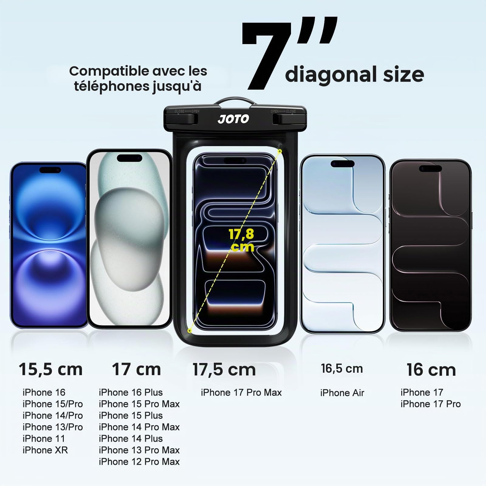 JOTO Pochette Étanche Smartphone IPX8 – Lot de 2, Compatible iPhone 17 à 11, Samsung Galaxy, Redmi, jusqu'à 7 Pouces