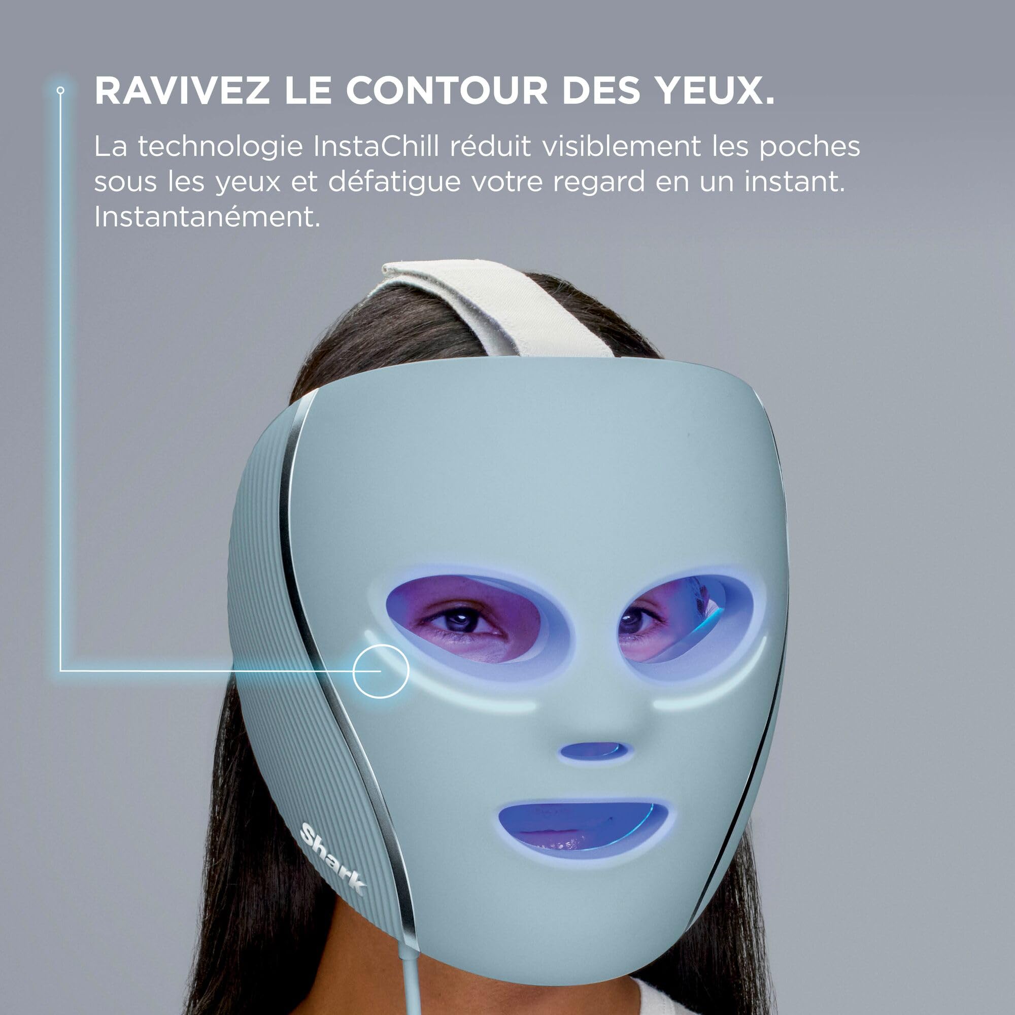 Masque LED Shark CryoGlow avec rafraîchissement du contour des yeux, LED rouge et bleue, Photothérapie par lumière infrarouge, USB-C, Télécommande, Sac de rangement, Sangles réglables