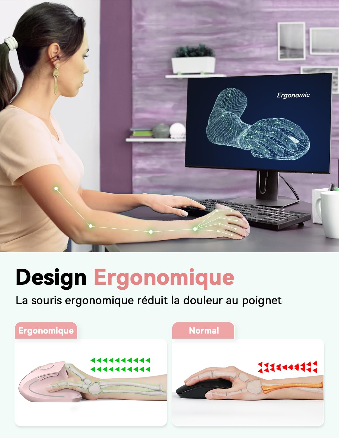 TECKNET Souris Verticale, 4800 DPI Souris sans Fil Ergonomique, Protège Le Bras, Souris sans Fil 6 Boutons pour PC, Ordinateur Portable, Mac, Rose