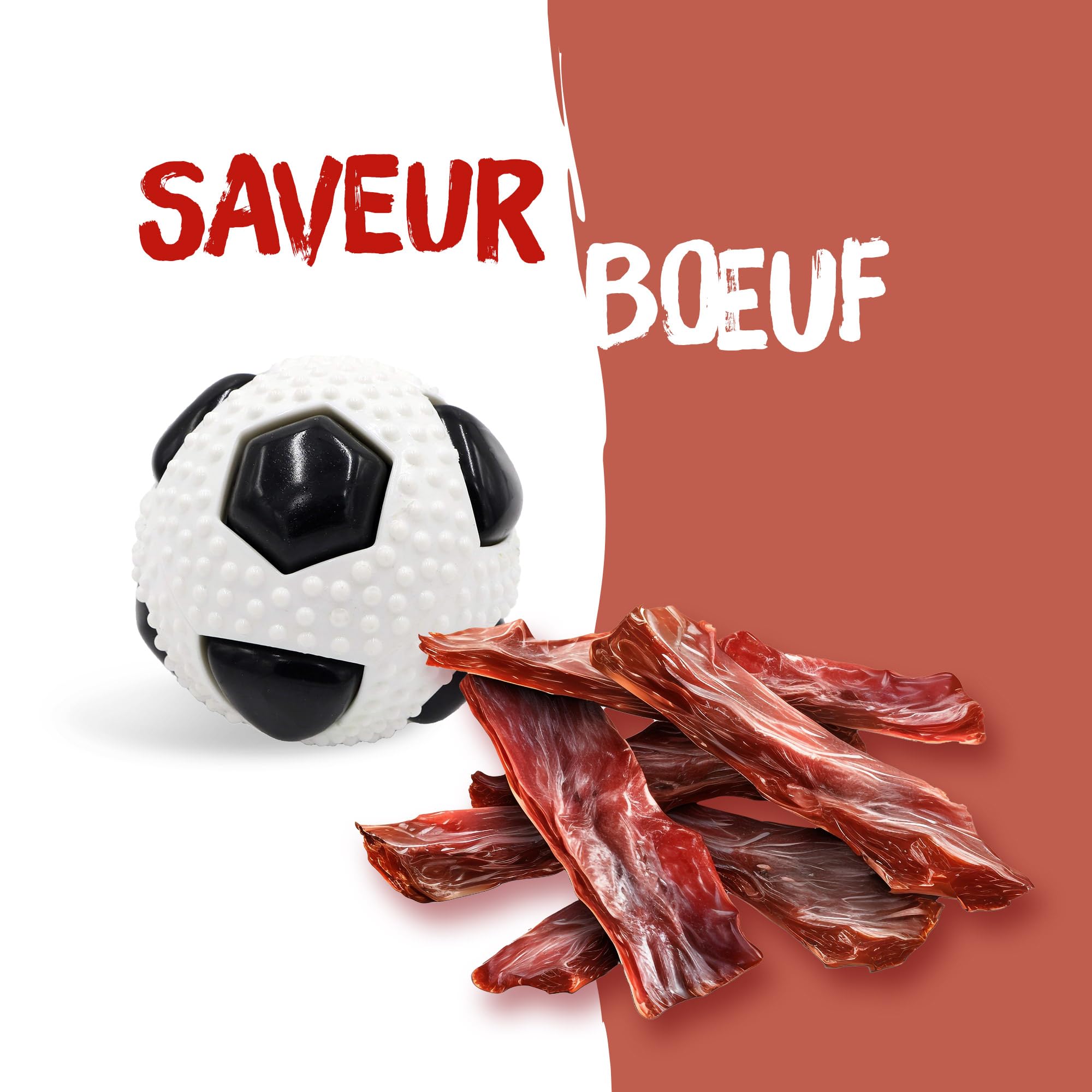 Aimé - Balle pour Chien 5 en 1 Saveur Bœuf - Jouet Interactif/Éducatif pour Développer et Stimuler les 5 Sens - Résistant Toutes Races et Tous Âges - Balle 6 cm