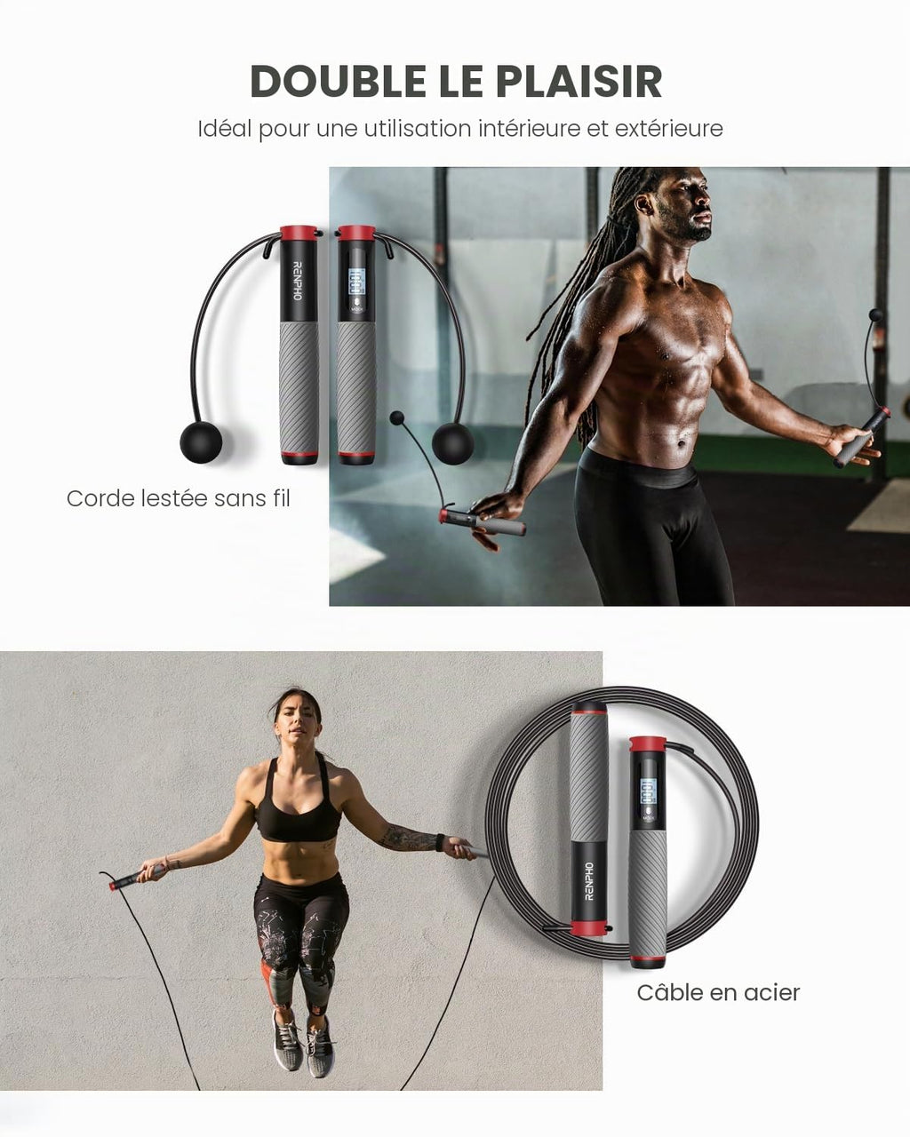 RENPHO Corde à Sauter Intelligente avec Compteur, Corde à Sauter sans Fil Réglable, App Données d'Analyse, Corde a Sauter Fitness Homme Femmes Enfants, Crossfit Équipement d'Entraînement