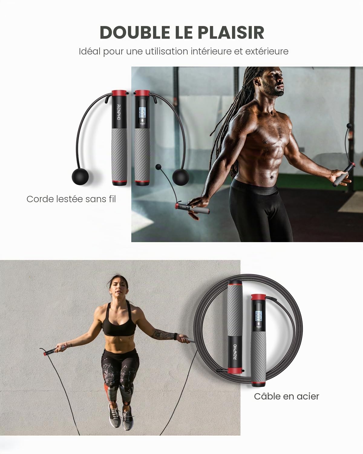 RENPHO Corde à Sauter Intelligente avec Compteur, Corde à Sauter sans Fil Réglable, App Données d'Analyse, Corde a Sauter Fitness Homme Femmes Enfants, Crossfit Équipement d'Entraînement