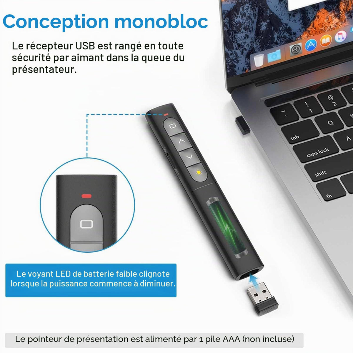 Présentateur Sans Fil 2,4 GHz – Pointeur Laser, 5 Boutons, 100 m, Plug & Play – PowerPoint, Google Slides, Keynote, PC & Mac