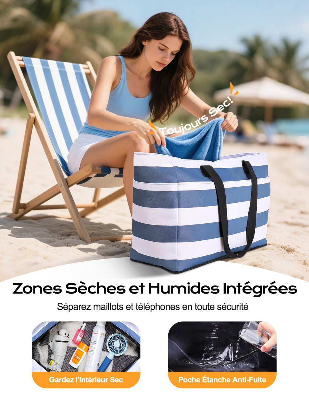 CIRYCASE Sac de Plage XXL 54L avec Isotherme Détachable – Étanche, Compartiment Sec-Humide, Pliable, Femme/Famille