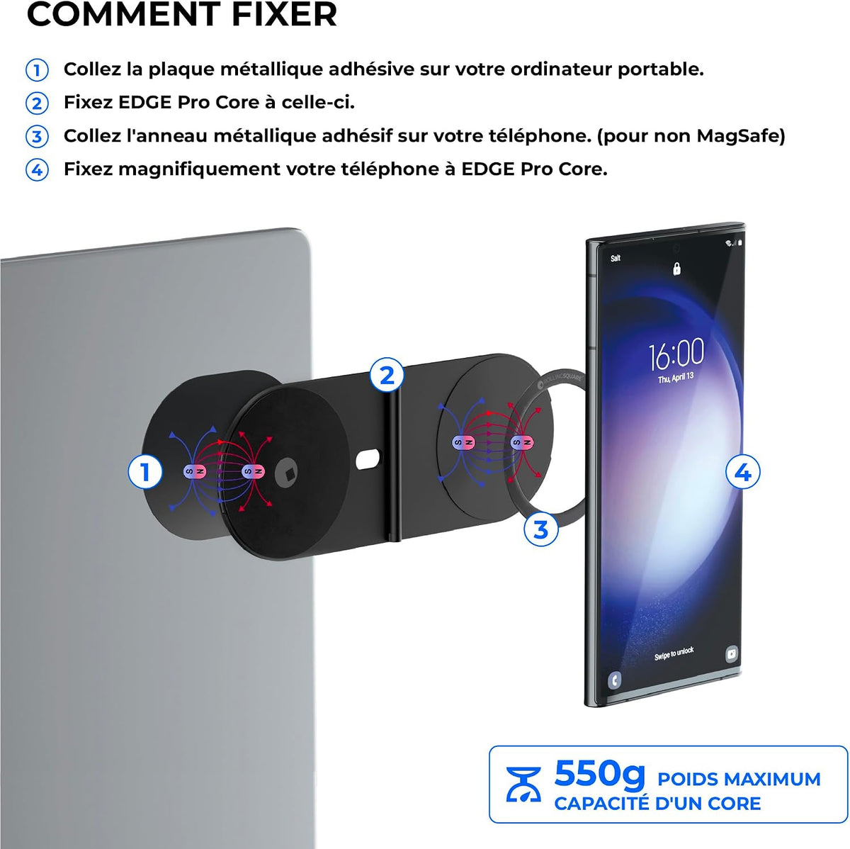 Rolling Square Edge Pro Core – Support Téléphone Magnétique pour PC Portable & Tablette – Compatible MagSafe & Tous Téléphones – Bureau, Gaming