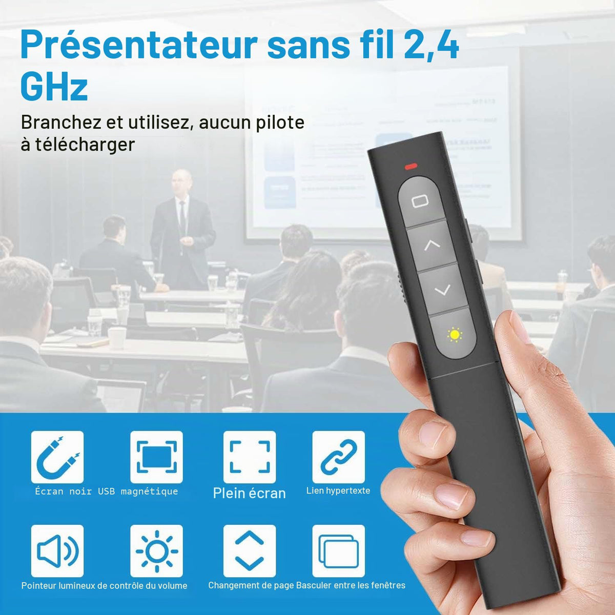 Présentateur Sans Fil 2,4 GHz – Pointeur Laser, 5 Boutons, 100 m, Plug & Play – PowerPoint, Google Slides, Keynote, PC & Mac
