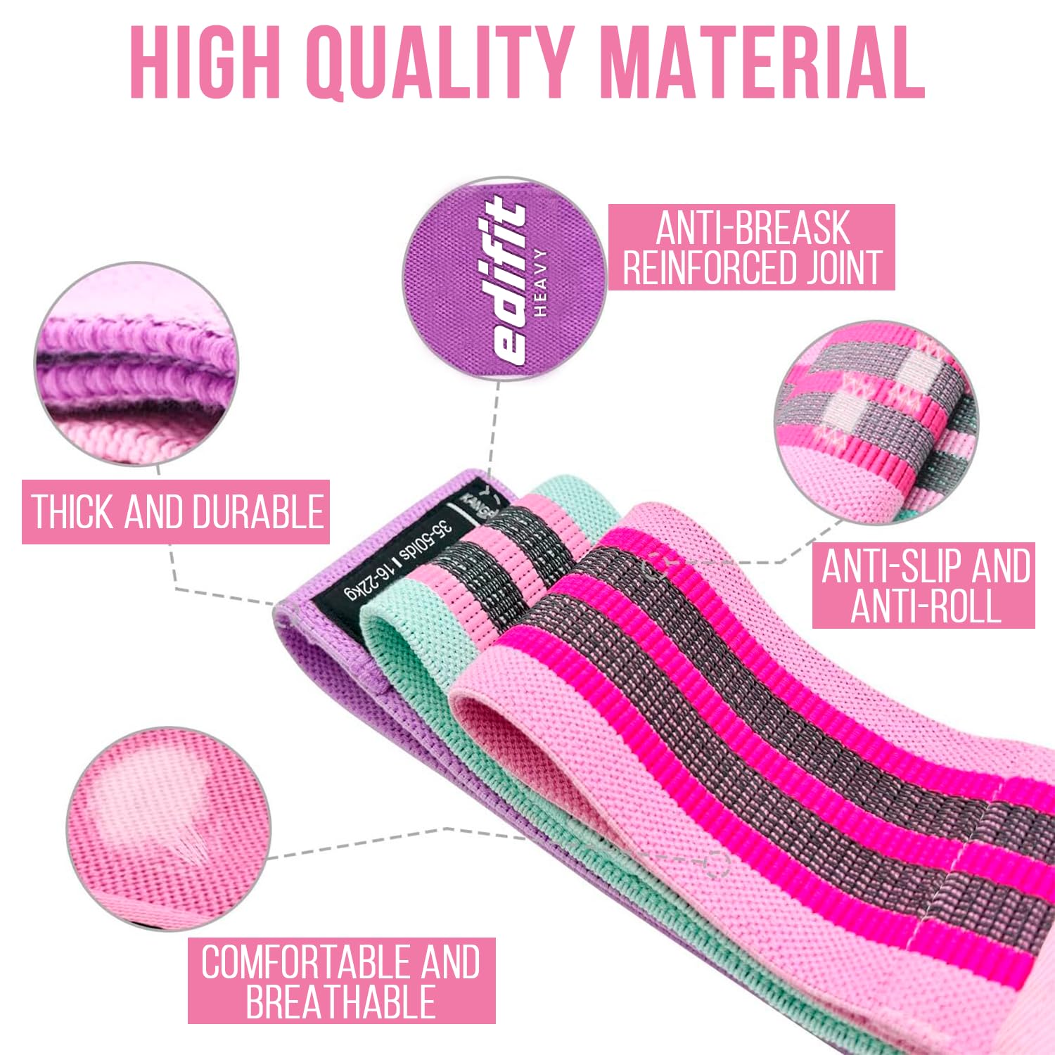 Edifit, Elastique Musculation, Bandes avec 3 Niveaux de Résistance, Fitness, Antidérapantes, Pack de 3, pour Gym, Yoga, Crossfit, Pilates ou Exercices à Domicile