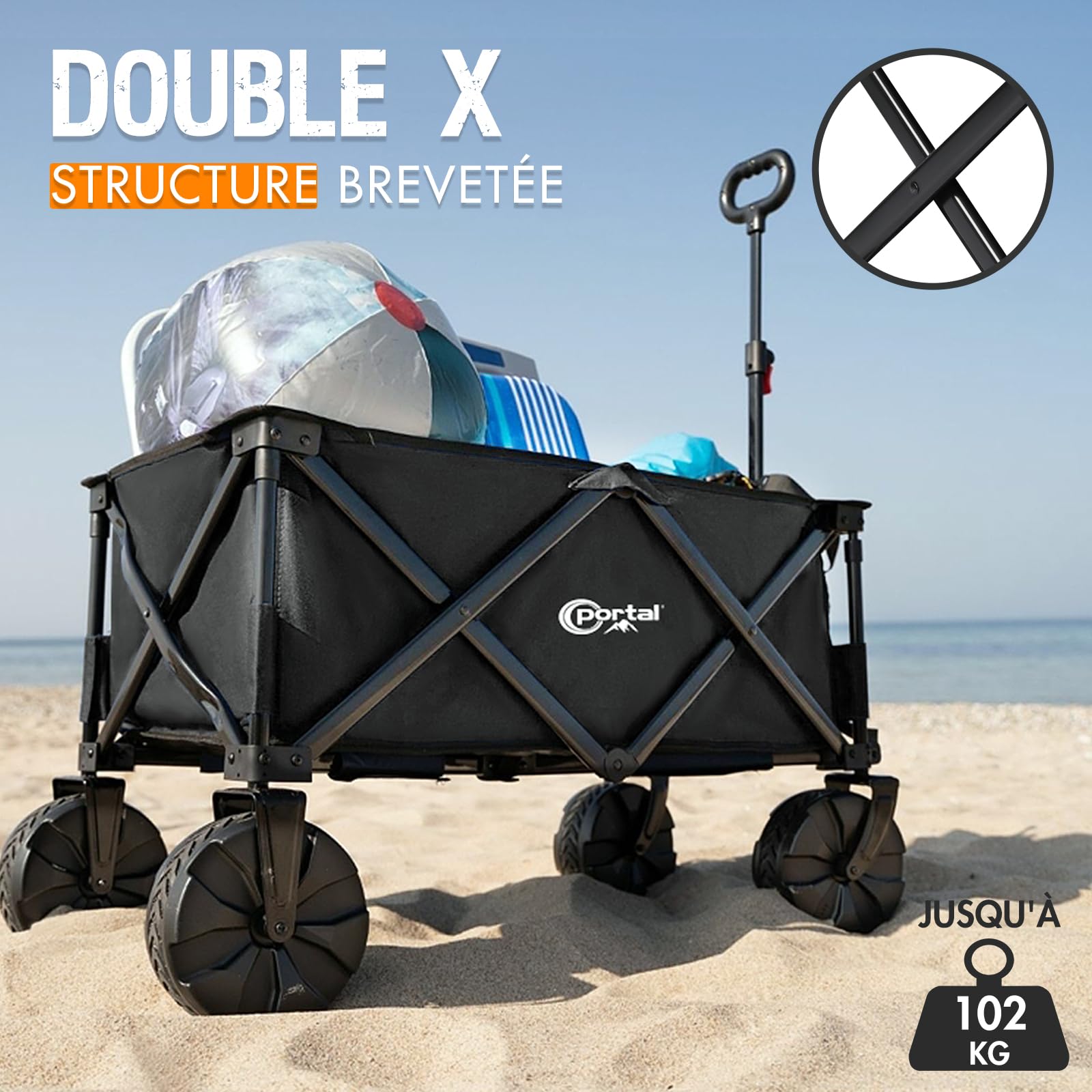 PORTAL Chariot de Plage Pliable – Chariot Tout Terrain Pliable avec Roues 20 cm, Poignée Réglable, 150 kg