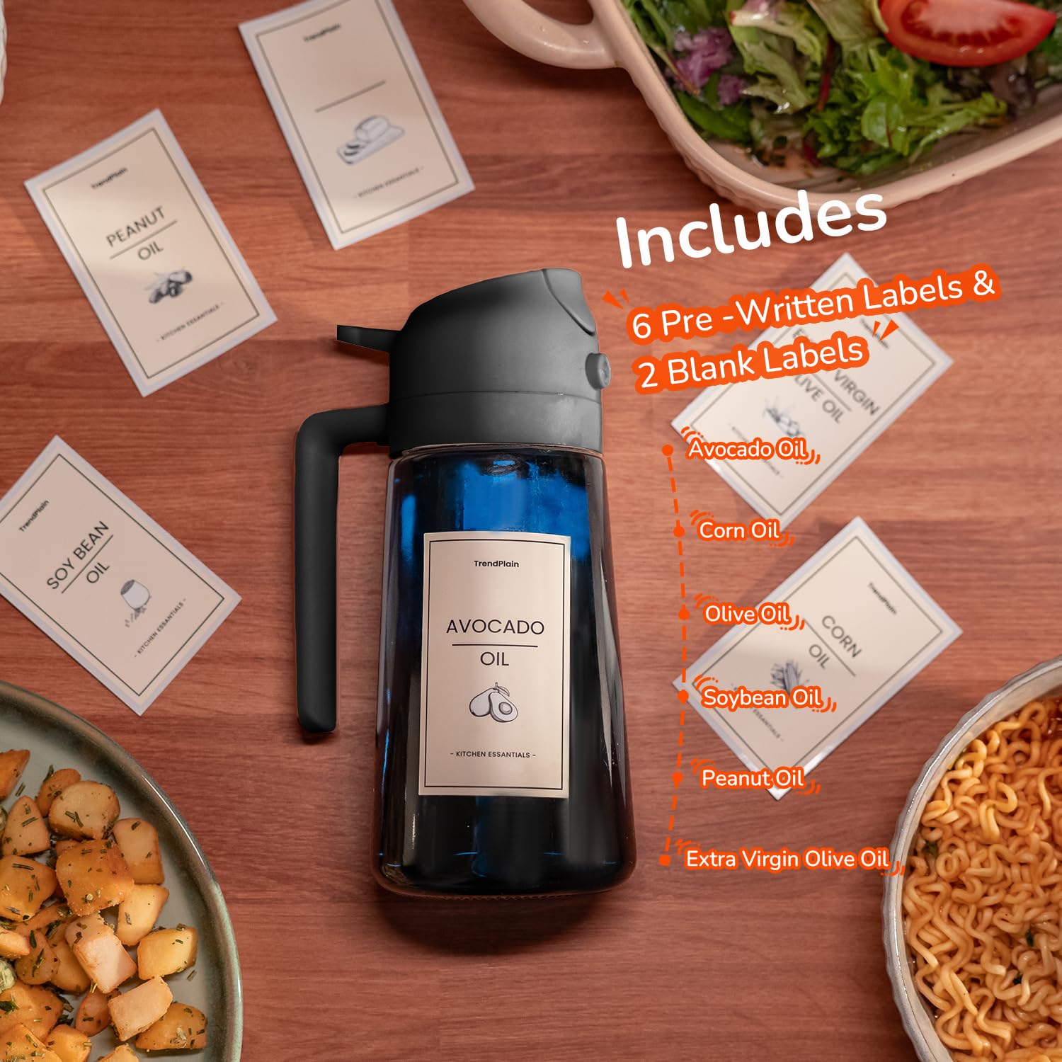 TrendPlain Vaporisateur Huile Cuisine 470ml – Spray 2-en-1 Air Fryer, Salades & Cuisson (Noir)
