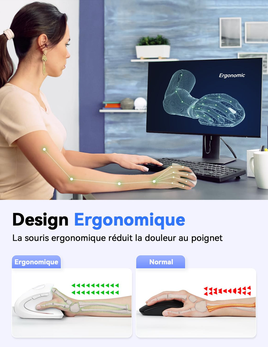 TECKNET Souris Verticale, 4800 DPI Souris sans Fil Ergonomique, Protège Le Bras, Souris sans Fil 6 Boutons pour PC, Ordinateur Portable, Mac, Rose