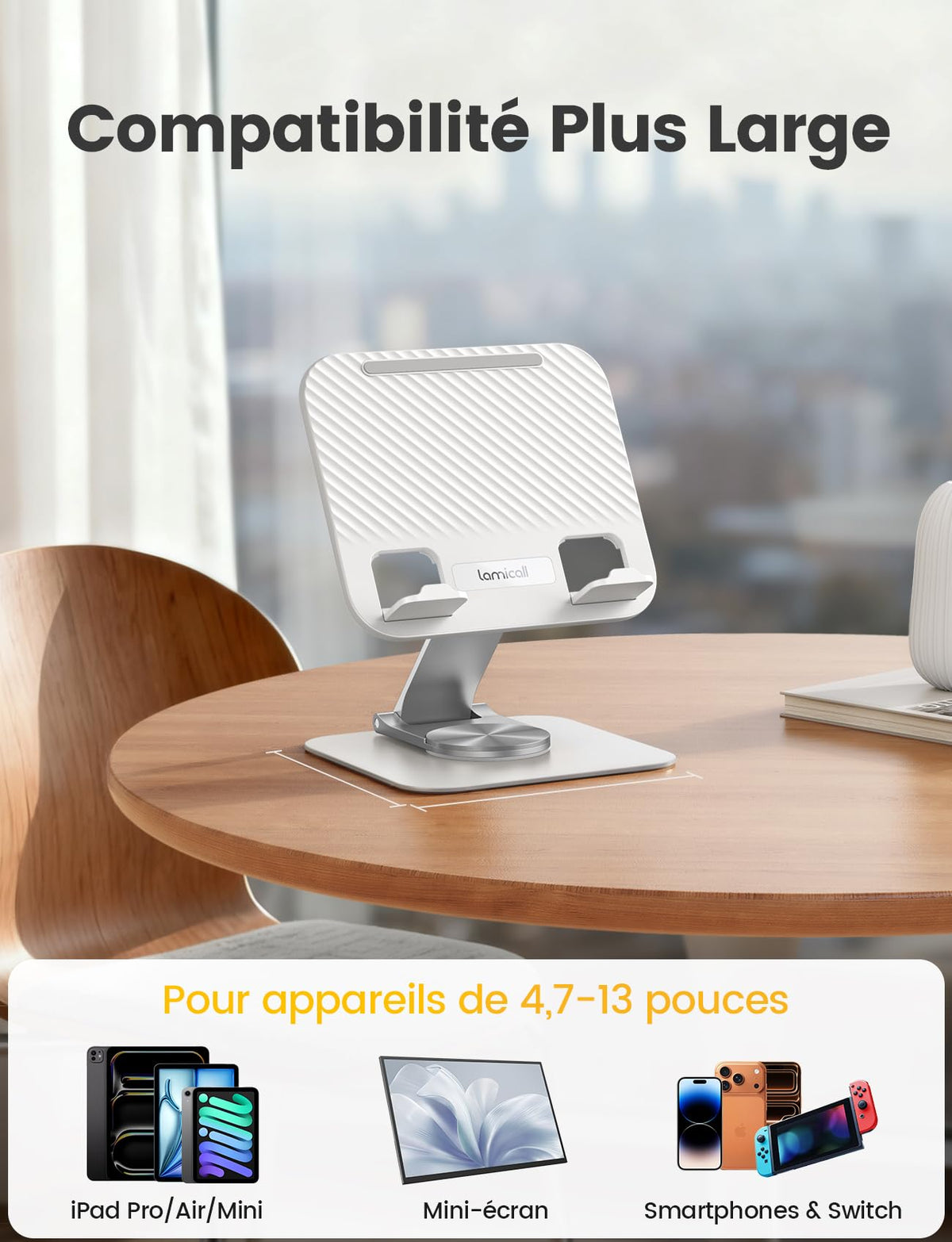 Lamicall Support Tablette Bureau – Base Rotative 360°, Design Ultrafin 15 mm, Double Axe