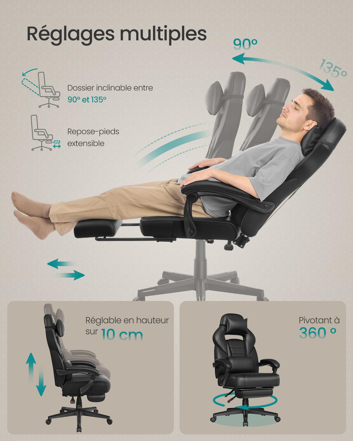 SONGMICS Fauteuil de Bureau Gaming OBG073B03 – Ergonomique, Repose-pieds, Appui-tête, 150 kg