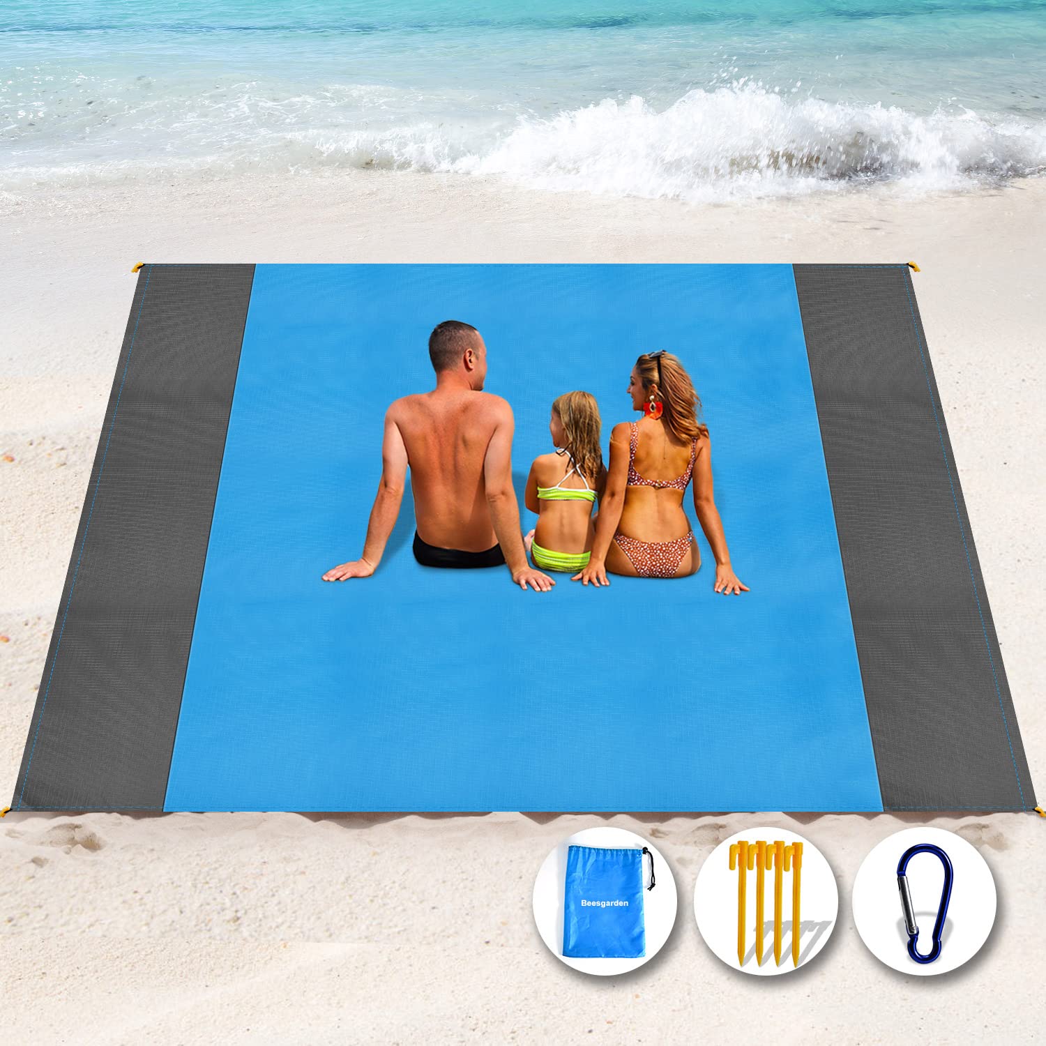 Tapis de Plage Anti-Sable XXL – Jusqu'à 300×275 cm, Imperméable, Compact, 4 Ancres, Polyester 210T – Plage, Camping, Pique-Nique